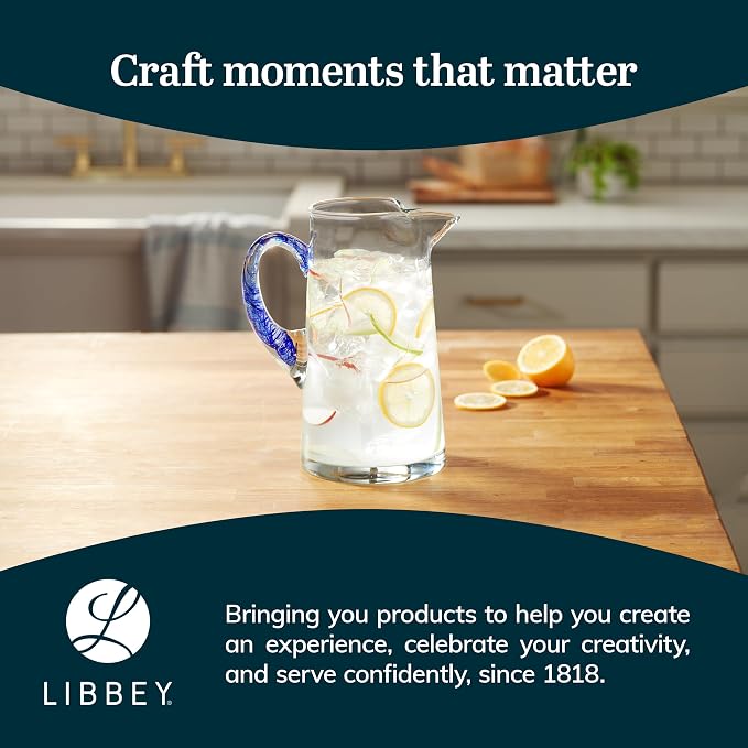 Libbey Cabos Glass Water Pitcher, 90 Oz Handcrafted Drink Pitchers with Spout and Blue Handle, Artisan-Inspired Glass Water Jar for Tables, Kitchen