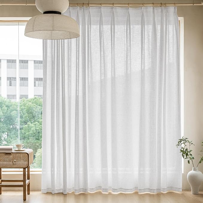 MAIHER White Pinch Pleated Curtains Linen 96 Inch Length for Living Room 84" W x 96" L Extra Wide Semi Sheer Pleated Curtain Light Filtering with Hooks, Privacy Protection, 1 Panel