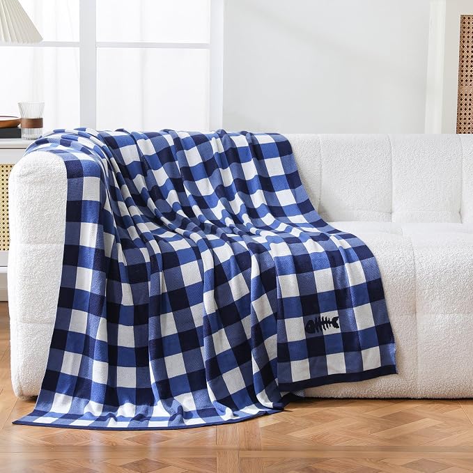 BOV Knit Checkered Throw Blanket - 100% Viscose Silky Super Soft Breathable Lightweight Decorative Throw Blanket for Chair Couch Sofa, Perfect Self Care Gifts for Women & Men, Cobalt Blue 50"x60"