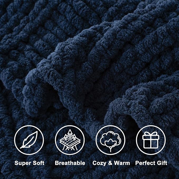 Battilo Chunky Knit Throw Blanket for Couch, 50"x60", Navy Blue | Hand Knit, Gift Blanket, Cozy Warm Thick Soft Chenille Throw Blanket for Bed, Sofa, Chair, Living Room