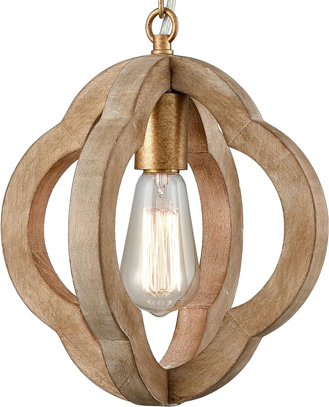 SAMTEEN Farmhouse Wood Pendant Lights Kitchen Island, Vintage Wooden Pendant Lighting Rustic 1-Light Wood Hanging Ceiling Light Fixture for Hallway Bedroom Entrance, Adjustable Chain