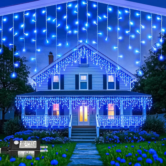 99ft Blue Christmas Lights Outdoor, 1216 LED Icicle Lights for Outside House with Clear Wire 8 Modes Timer, Plug in Waterproof for Home Holiday Eaves Yard Party Tree Room Wall Indoor Decoration