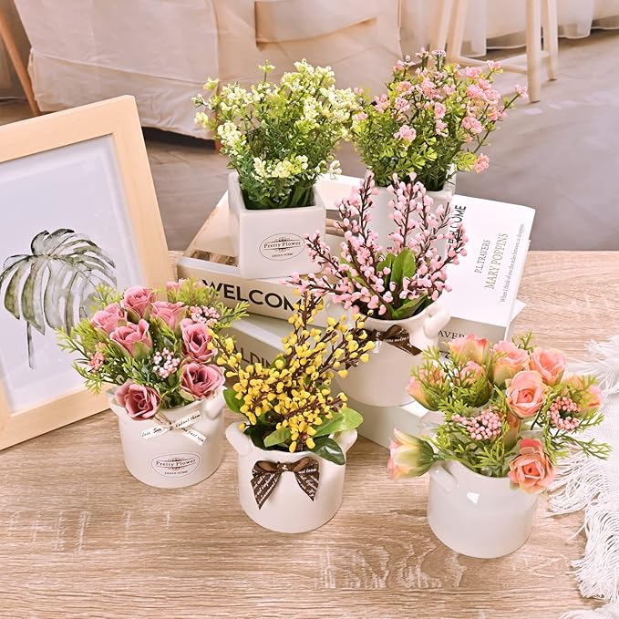 LUEUR 6Pcs Artificial Flowers with Ceramic Pot Fake Flower Arrangements Small Faux Spring Flowers in Vase Spring/Summer Decor, Centerpiece Table Decorations for Easter Home Office Shelf
