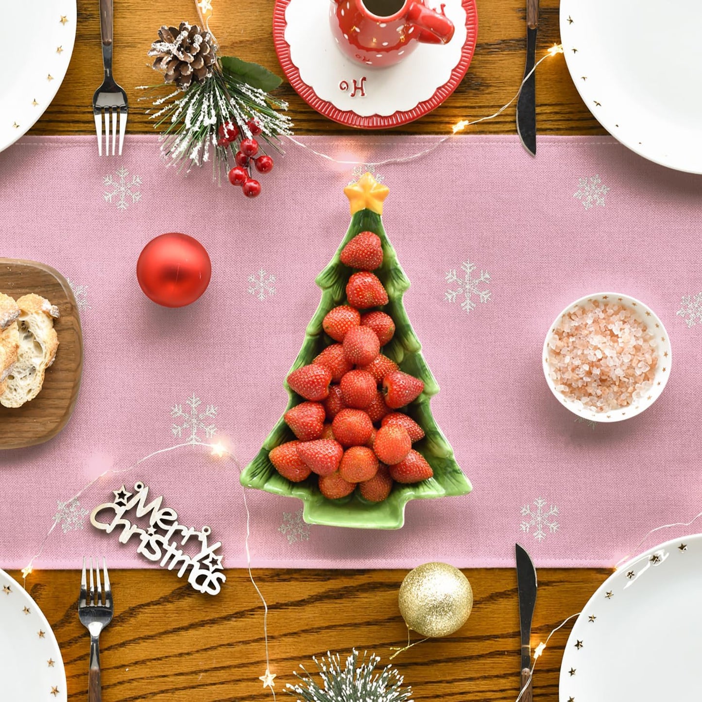 Artoid Mode Xmas Trees Snowflakes Pink Merry Christmas Table Runner, Winter Seasonal Kitchen Dining Table Decoration for Home Party Decor 13x48 Inch