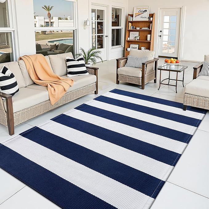 OLANLY Navy and White Striped Rug 3' x 5' – Washable Cotton Indoor Outdoor Doormat for Front Door, Entryway, Kitchen, Porch, Patio Decor