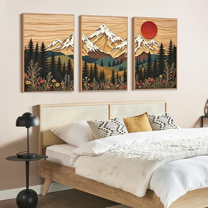 LHIUEM Vintage Woodcut Mountain Framed Canvas Wall Art,Forest Pine Tree Boho Wall Decor,Wilderness Sunset Landscape Artwork for Living Room,Bedroom,Dining Room,Office -24"x36"x3