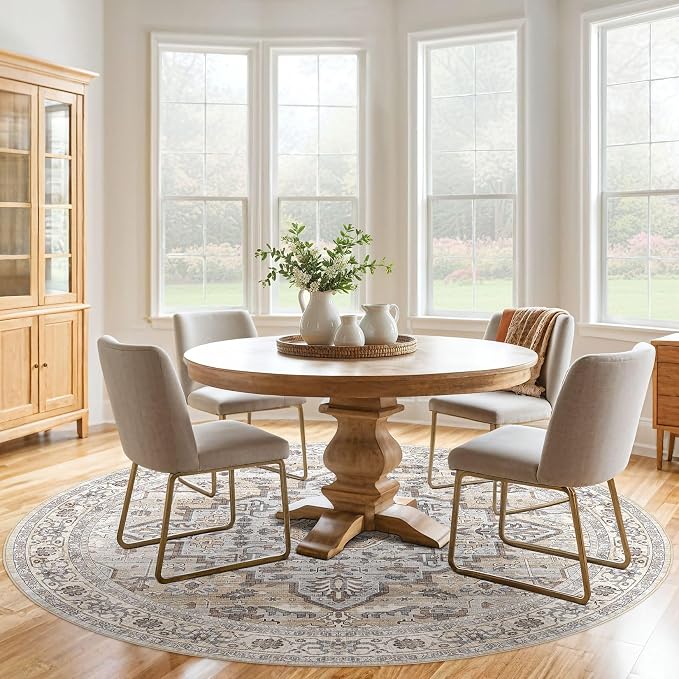Round Rug Living Room Rugs: 4x4 Washable Boho Neutral Small Circle Soft Indoor Distressed Stain Resistant Floor Farmhouse Carpet for Bedroom Nursery Kids Playroom Office Dining Room Dorm- Cream Gray