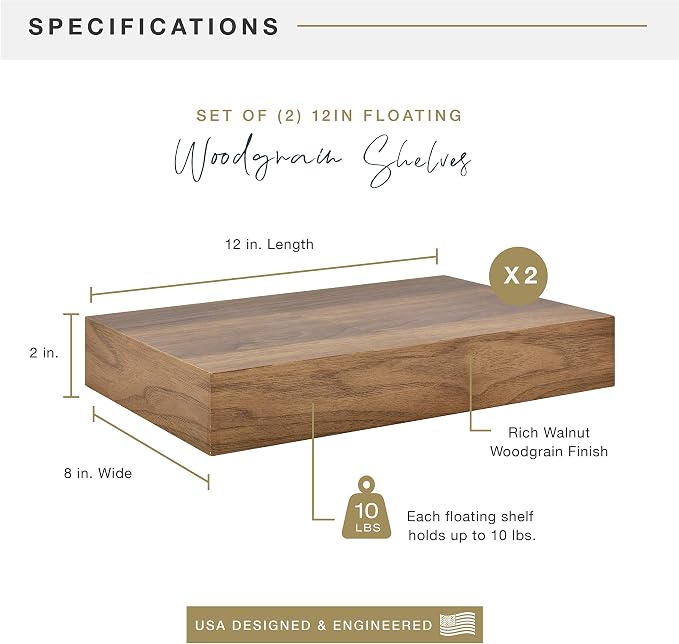 MCS Floating Shelf, Room Decor Wooden Shelf, Walnut Woodgrain, 12 x 8 Inch, Set of 2