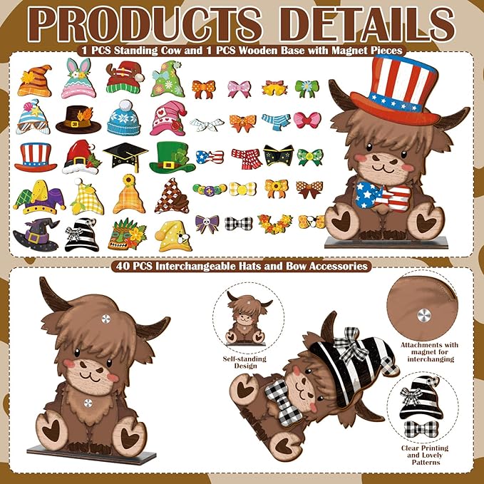 42 Pcs Interchangeable Highland Cow Graduation Gift Holiday Highland Cow Decor Seasonal Sign Farmhouse Rustic Wooden Desk Accessories Welcome Ornament Tiered Tray Decorations for Home Office
