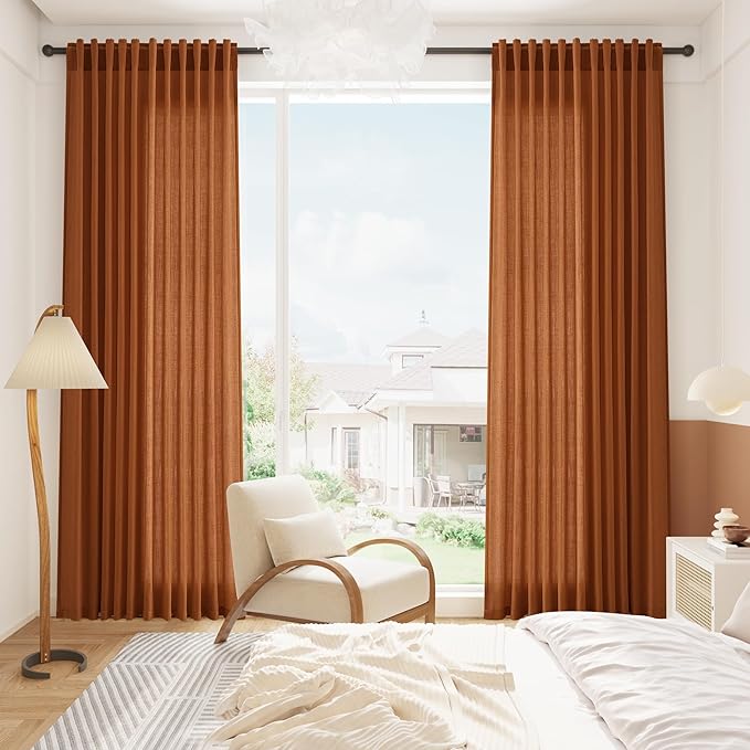 Desert Orange Linen Textured Curtains 96 Inch 2 Panels for Bedroom Back Tab Rod Pocket Sheer Light Filtering Boho Room Decor Aesthetic Burlap Look Curtain Drapes 8Ft 52x96
