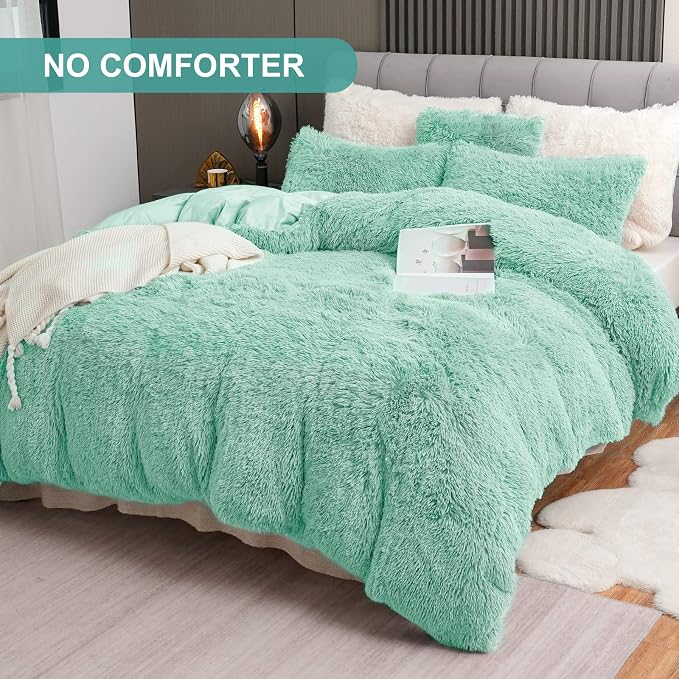 Fluffy Plush Duvet Cover Set Queen Size, Luxury Ultra Soft Velvet Fuzzy Comforter Cover Bed Sets 4Pcs(1 Faux Fur Duvet Cover + 2 Pillow Cases + 1 Pillow Cover) Zipper Closure (Queen, Aqua Green)