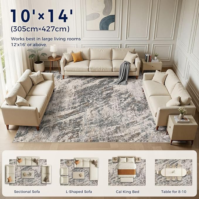 DMOYEST Area Rug Living Room Rugs - 10x14 Large Soft Indoor Neutral Modern Abstract Low Pile Washable Rug Carpet for Bedroom Dining Room Farmhouse Home Office-Dark Brown/Grey