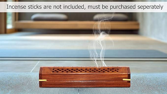 Sheesham Wood Incense Burner Holder – Set of 2 Coffin Style Carved Lattice Lid Ribbed Wood Detail Incense Box - Hidden Storage & Ash Catcher – Aromatherapy Stick & Cone Burner - 12x2x2 – COTTON CRAFT