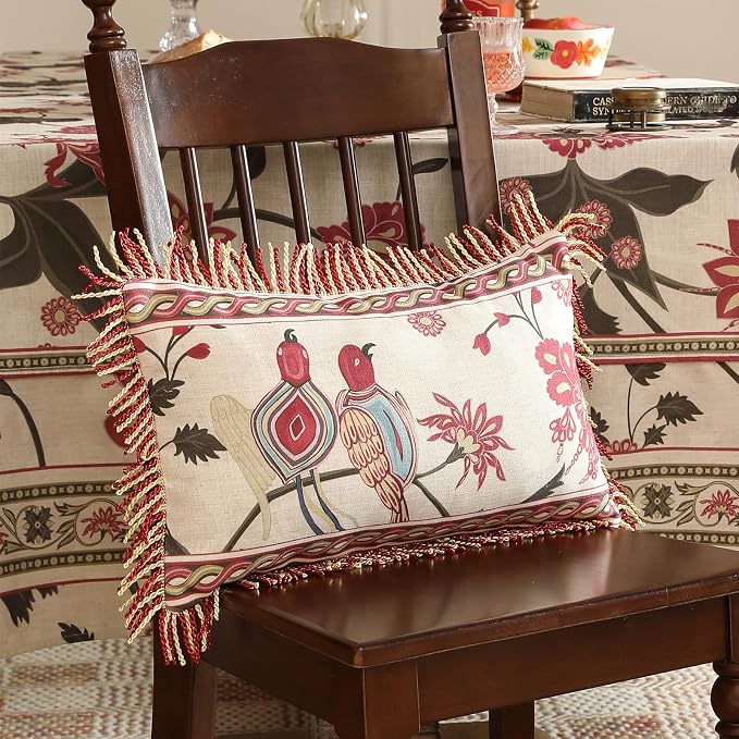 patdrea Vintage Linen Throw Pillow Cover,12"x20",Set of 2-Schumacher E | Elegant French Decorative Pillow Case,Bird Pattern with Fringe Trim,Cushion Coverfor Couch Living Room Bedroom Sofa