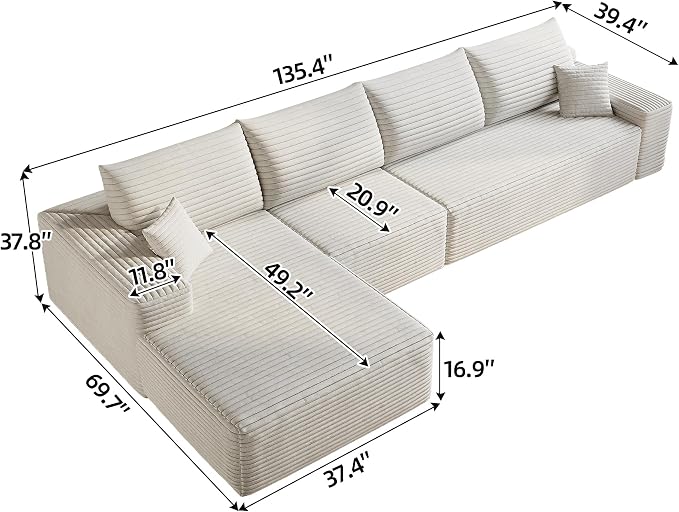 135" Corduroy Couch Sectional with Chaise, L Shape Boneless Cloud Couches for Living Room Bedroom, Modular Corner Couch, Fluffy Deep Seat Compression Sofa, Left Facing Chaise, No Assembly, White