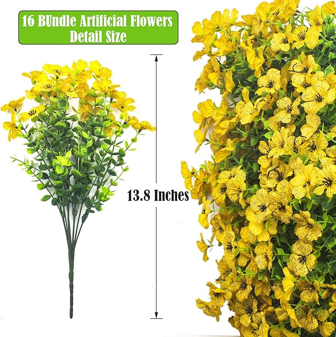Grunyia Artificial Fake Flowers for Outdoor Spring Decoration, 16 Bundles Faux Silk Colorful Daisy UV Resistant Realistic for Outside Porch Patio Home Yard Garden Planters Pots Window Box (Yellow)