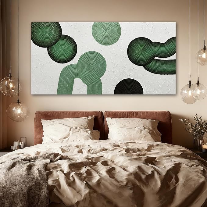ZUNARE Green Abstract Wall Art, Hand Painted Textured Canvas with Organic Modern Forms, Minimalist Sage and Deep Green Wall Decor for Living Room Bedroom Dinning Room 24×48 Inch