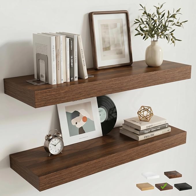 24 Inch Floating Shelves for Wall, 8"D Wood Storage Shelves, Walnut Finish | Engineered Wood, Invisible Bracket, Large Storage, Easy Install, Hold Up to 44lbs, Living Room, Bathroom, Bedroom, Kitchen