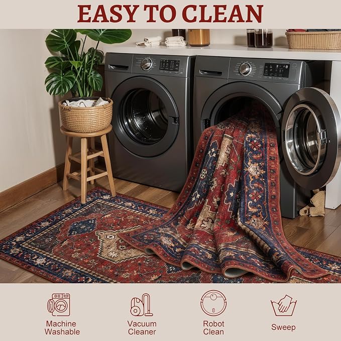 Tangsoo Oriental 2x3 Washable Rugs, Red Vintage Non Slip Small Area Rug Carpet, Indoor Front Door Rug for Entryway, Door Mat Indoor Entrance Soft Low Pile Throw Rugs for Entry Kitchen Bedroom