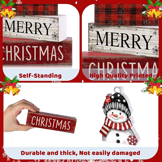 Lineshading 4 Pcs Winter Table Decoration Wooden Snowman Christmas Tiered Tray Decor Red Buffalo Plaid Block Signs Snowman Table Centerpiece Farmhouse Winter Decoration for Home Kitchen Shelf