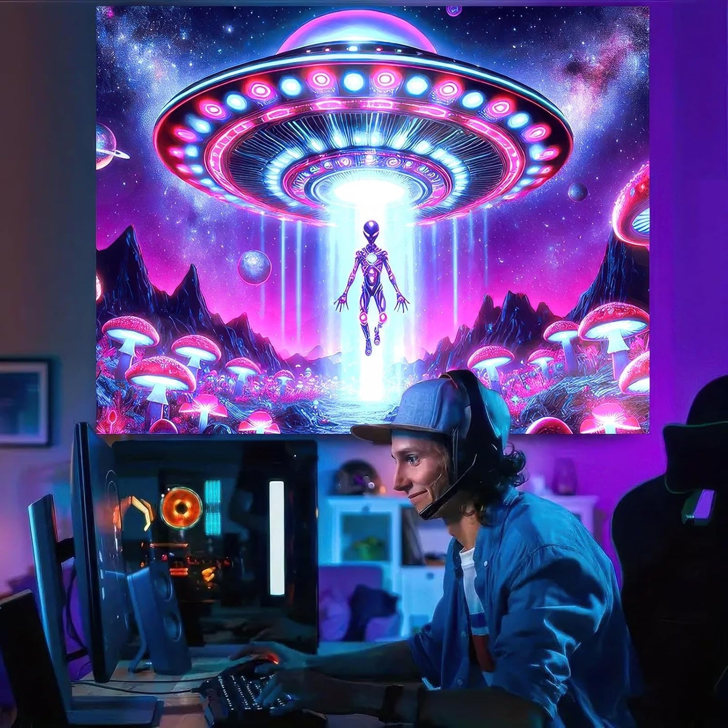 BlissYard Black Light Tapestry UFO Encounter Fluorescent Wall Hanging Tapestry 78x59 Inches Bedroom, Living Room, Themed Events