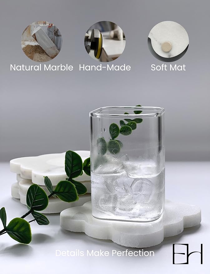 Marble Coasters Set of 4, Handcrafted Drink Protectors, Natural Stone Coaster Bar & Table Decor, Modern Desk Aesthetic Accessories, Non-Slip Luxury Gift (White Marble Square Scalloped)