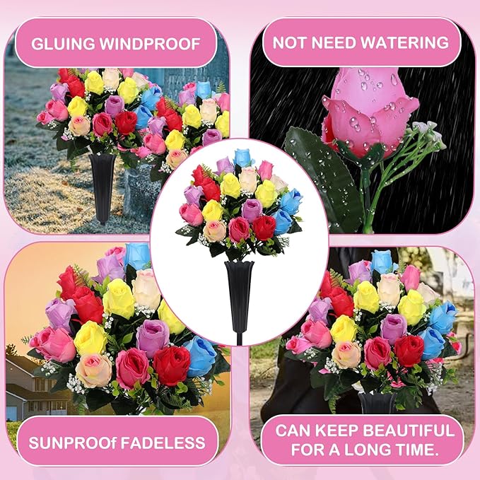Lodou Set of 2 Artificial Cemetery Flowers, Memorial Flowers Bouquet,Grave Memorial Flowers with Vase for Cemetery Headstones Decoration (Color)