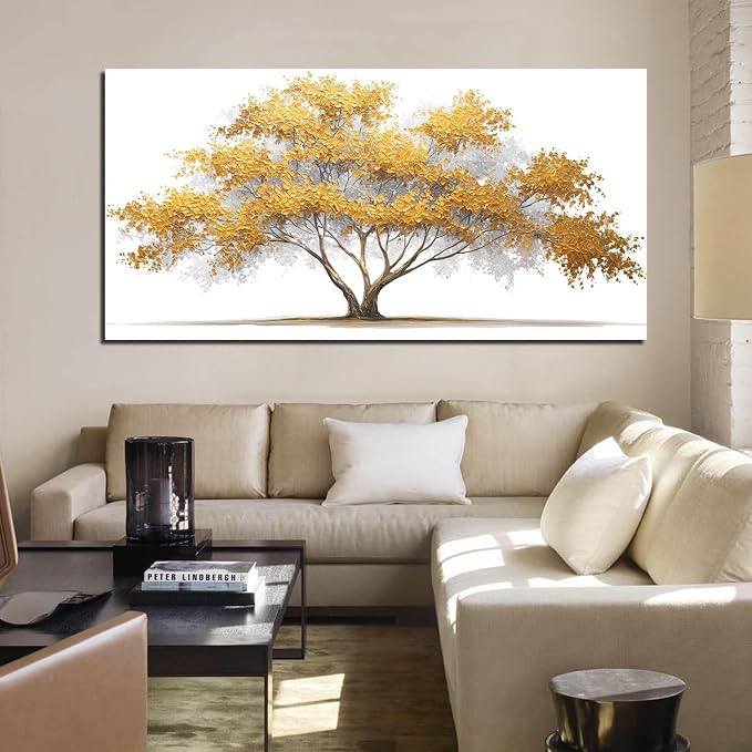 AOZEMI Tree Wall Art White Pictures Wall Decor Yellow Canvas Art for Living Room Bedroom Bathroom Office Large Modern Artwork 29"x 59"