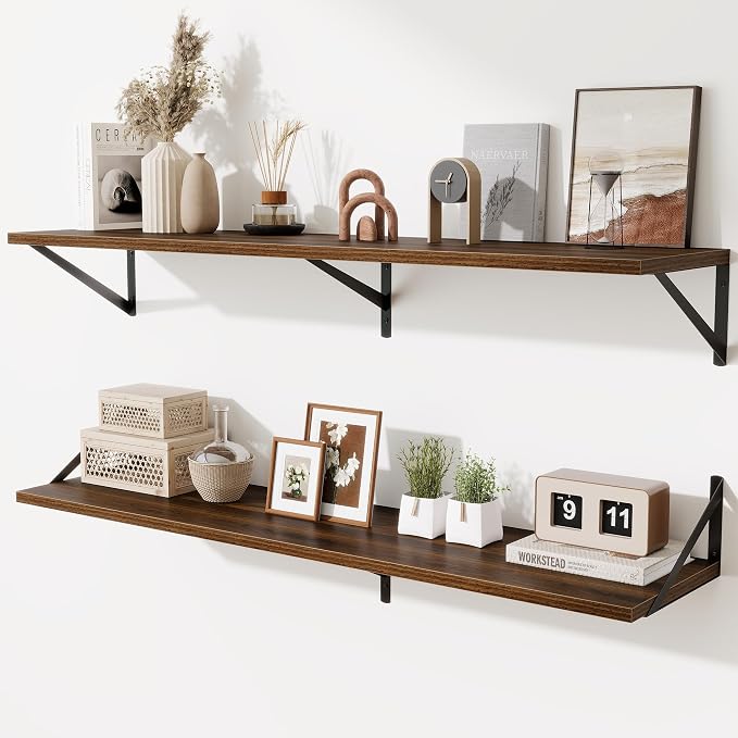 Acovy 48inch Floating Shelves for Wall,10" Deep Floating Shelves with Metal Brackets,Wall Mounted Hanging Floating Shelf,Wide Display Shelves for Living Room,Bedroom,Office,Kitchen,Walnut
