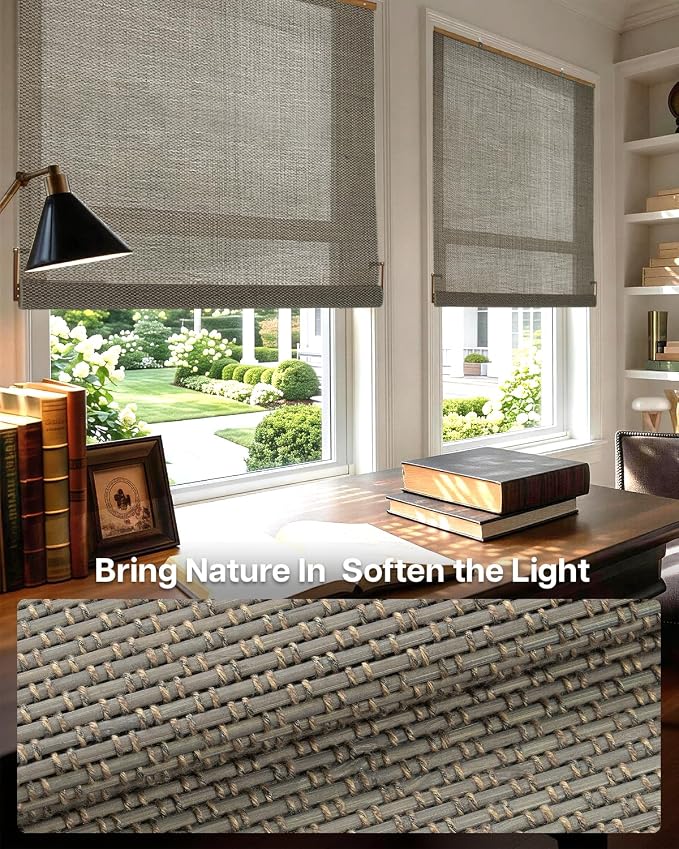 LazBlinds Manual Roll-up Bamboo Blinds, 33" W x 48" H, Star-Grey | Easy Install Roller Shades for Windows, Hook-On Light Filtering Bamboo Shades for Interior Indoor Windows
