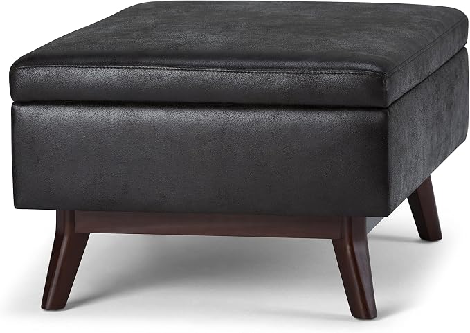 SIMPLIHOME Owen Coffee Table Storage Ottoman - 34" Wide x 19" High Upholstered Vegan Leather Rectangular Lift-Top Ottoman in Distressed Black, Mid-Century Bench for Living Room with Tapered Legs