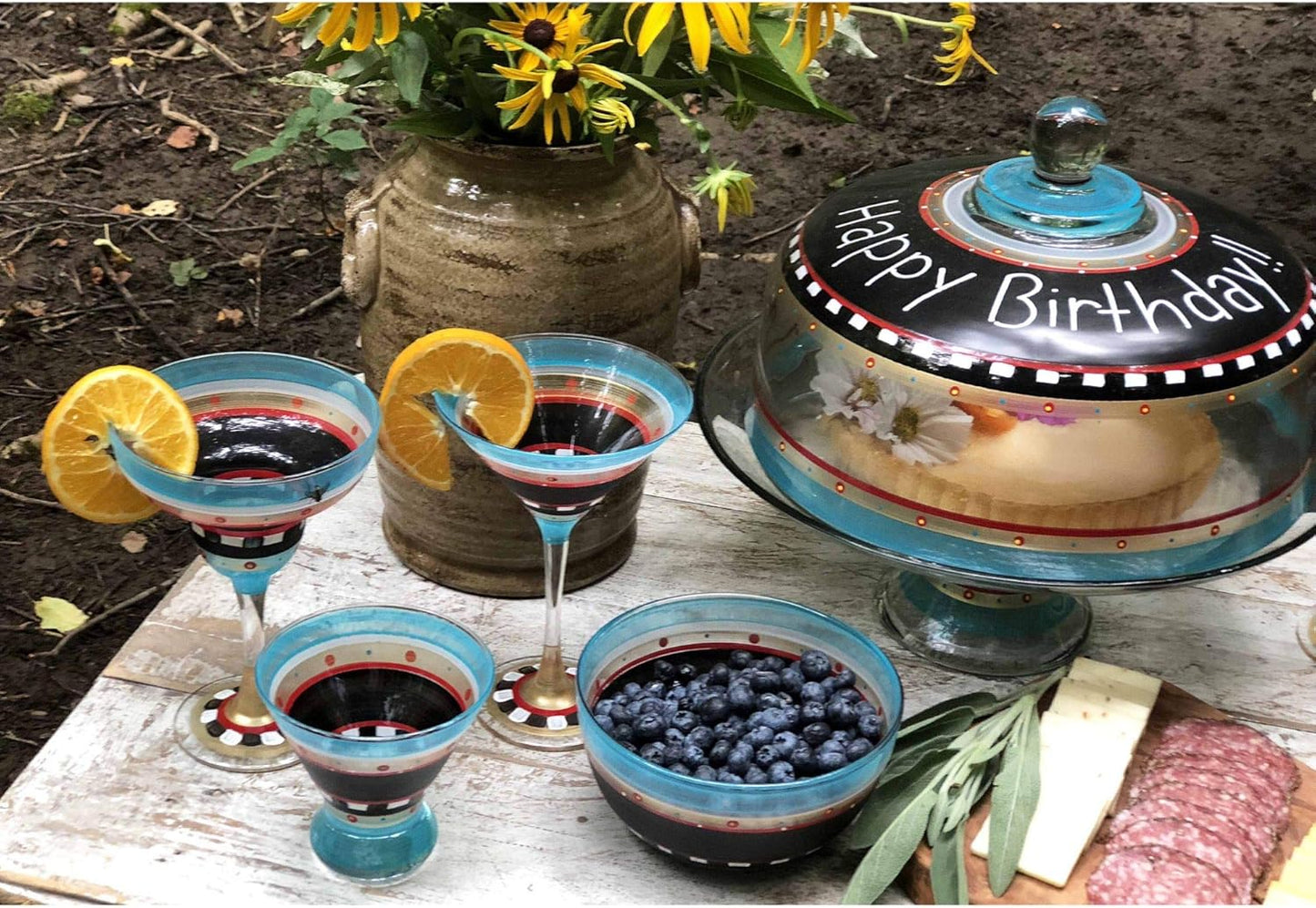 Set of 2 Mosaic Chalkboard and Stripes Hand Painted Glass Serving Bowls 6"