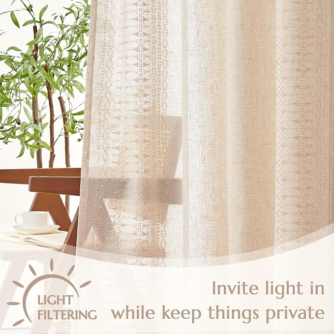 jinchan Boho Curtains for Bedroom Linen Blend Boho Curtains 96 Inches Long 2 Panels Farmhouse Embroidered Drapes for Living Room Drapes Light Filtering Grommet Window Traetments Ivory on Beige