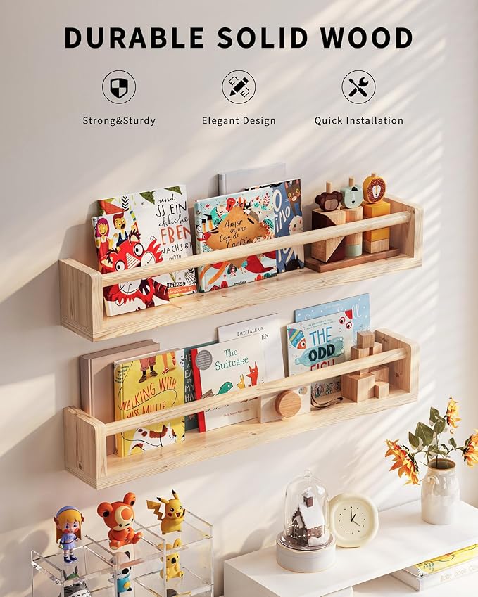Seocry Nursery Book Shelves, 4 Pack, Wall Book Shelves for Kids Room, Baby, Toddler, Nursery Decor (Wood, 23 Inches)
