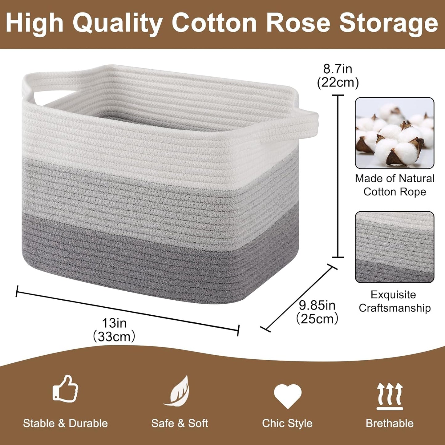 Storage Basket for Organizing, Woven Baskets for Storage, Rectangle Decorative Baskets for Shleves, Closet, Toys, Books, Nursery Organizer Bins - Pack of 3 (Gradient Gray)