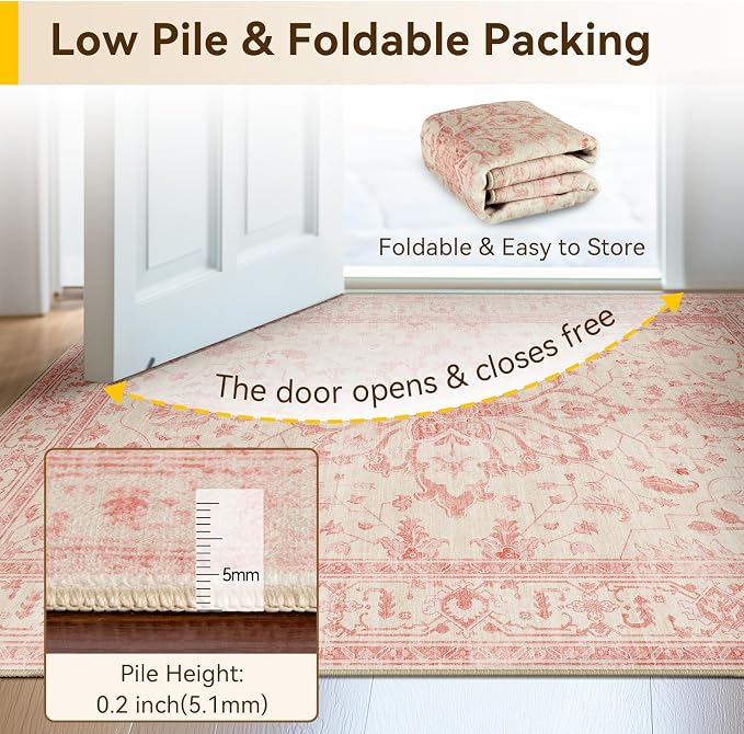 RELEANY Area Rugs 4'x6' Washable Non-Slip, Floral Vintage Distress Medallion Carpet for Living Room Bedroom Dining Room, Pink Light Vintage Pink