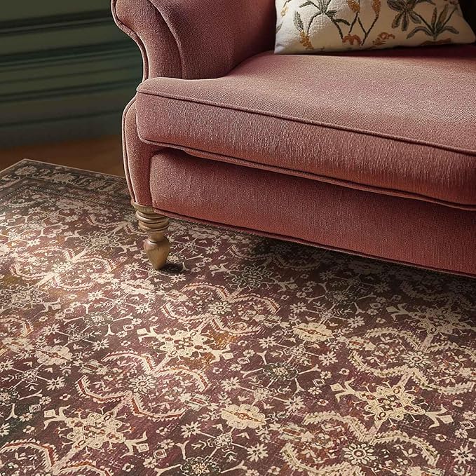 Rugxara 8x10 Area Rugs for Living Room Bedroom, Large Washable Christmas Rug, Vintage Oriental Boho Rug, Non Slip & Low Pile Faux Wool Thin Carpet for Indoor Dining Room and Kids Room(Red 8x10ft)