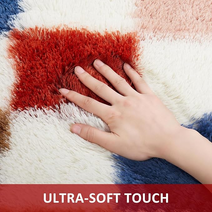 Ophanie Checkered Rainbow Rug for Living Room Bedroom,Colorful Fluffy Soft Cute Fuzzy Area Rugs,Shag Plush Shaggy Bedside Floor 8x10 Furry Carpet for Kids Teen Dorm Decor with Over 99 pcs Pile fibers