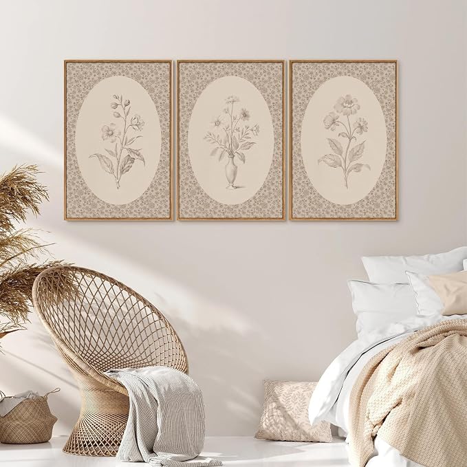 Rantodecor Vintage Flower Framed Canvas Wall Art Triptych, Rustic Floral Wall Decor, Retro Sketch Botanical Art Paintings, Antique French Cottage Artwork for Girls Bedroom Living Room Bathroom 24"x36"