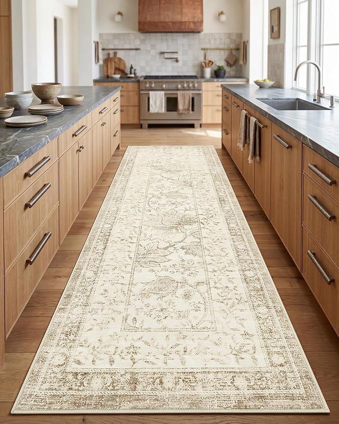 GarveeHome Vintage Beige Washable Kitchen Runner Rug: 2'6" x 8' Hallway Rug Non Slip Low-Pile Stain Resistant Cottage Core Retro Farmhouse Soft Runners for Entryway Laundry Room Beside