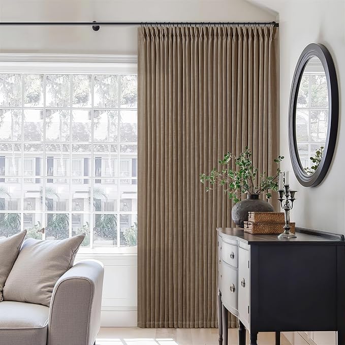126 Inch Linen Curtains 2 Panels Set Pinch Pleated for Living Room Bedroom Memory Training Shaped Semi Sheer Dutch Cocoa Pinch Pleat Drapes Hooks Rings Light Filtering Window Curtain Drapes