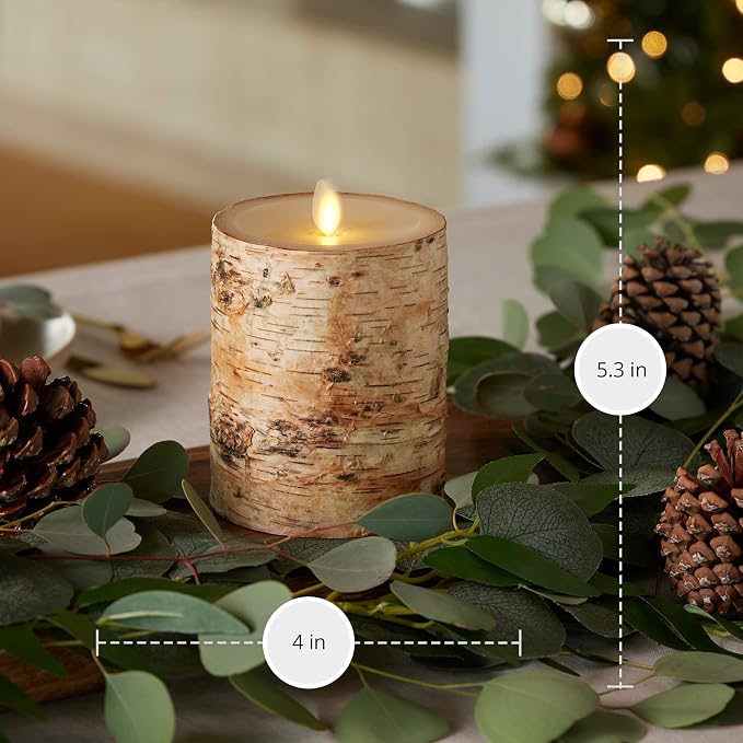 Luminara Real Birch Bark Wrapped Flameless LED Candle, 4" x 5.3", Battery Operated Moving Flame Pillar Light with Timer - Natural Decor Unscented