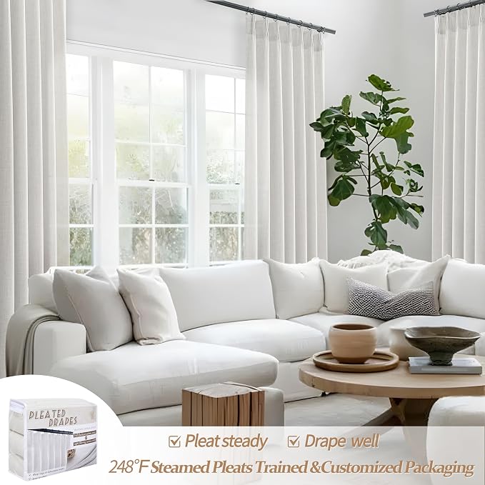 PleatedDrapes 100 Inch Light Filtering Curtains for Sliding Glass Doors 2 Panels Set, Rustic Country Beige White Linen Curtain Privacy Sheer Viral Window Drapes for Dining Room Track Back Tab 8-1/3FT