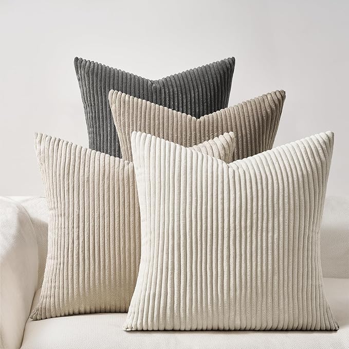 Topfinel 4 Packs Natural Decorative Throw Pillows Covers 16x16 Inch for Living Room Couch Bed Sofa, Rustic Farmhouse Boho Neutral Home Decor, Soft Plush Striped Corduroy Square Cushion Case 40x40 cm