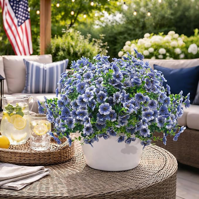 Grunyia 20 Bundles Artificial Flowers for Outdoors, UV Resistant Fake Plants Flowers Greenery Shrubs Plants for Decoration Outside Plants Hanging Planter Home Garden Decor (Blue)