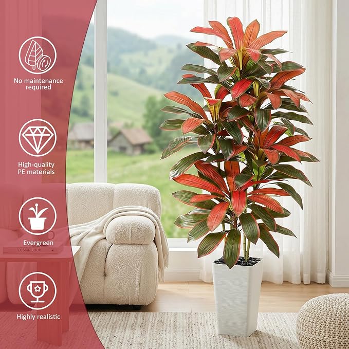 Artificial Red Dracaena Tree - 6FT Tall Fake Plants with White Tall Planter - Artificial Plants Indoor Floor Plant in Pot - Large Tropical Fake Yucca Potted Tree for Home Office Living Room Decor
