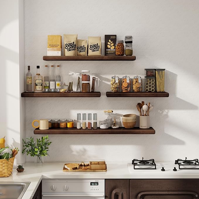 Axeman 30Inch Natural Wood Floating Shelves for Wall|Rustic Wooden Shelves for Bedroom Kitchen Bathroom|Storage Shelf with Invisible Bracket for Wall Mounted|Set of 1|Walnut Color