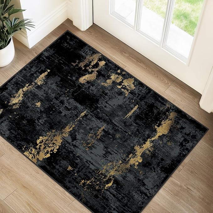 RELEANY Washable Area Rugs 2'x3' Non-Slip Modern Abstract Soft for Living Room Entryway Bedroom Nursery, Print Pattern, Dark Black Gold