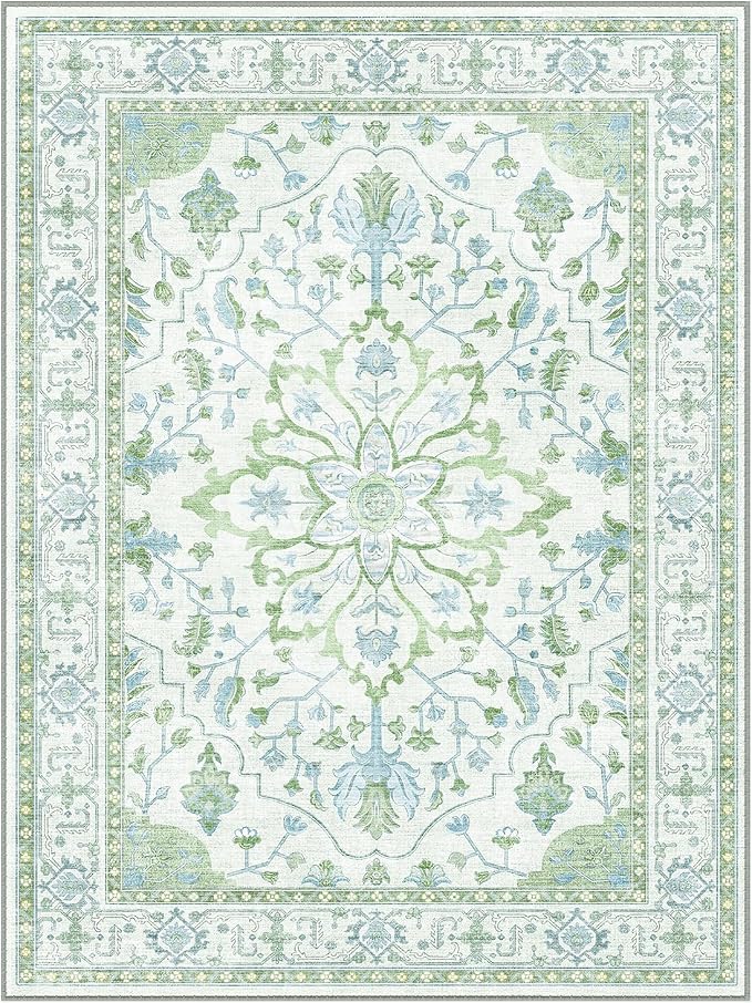 RELEANY Area Rugs 7'x10' Washable Non-Slip, Floral Vintage Distress Medallion Carpet for Living Room Bedroom Dining Room, Green White Blue