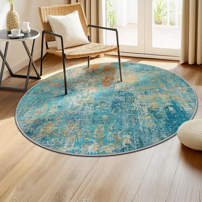 RELEANY Washable Area Rugs 4ft Non-Slip Modern Abstract Soft for Living Room Entryway Bedroom Nursery, Print Pattern, Teal Blue Green Orange Rust Red Coloreful